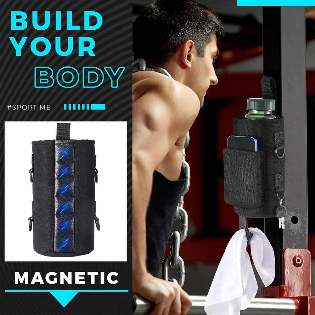 Magnetic Gym Water Bag,Water Bottle Tumbler Carrier Holder With Phone Pockets & Shoulder Strap,Sports Magnet Water Bottle Sleeve